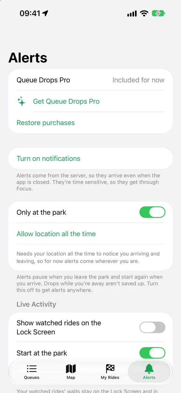 The Alerts tab with notification, only-at-the-park and Live Activity settings