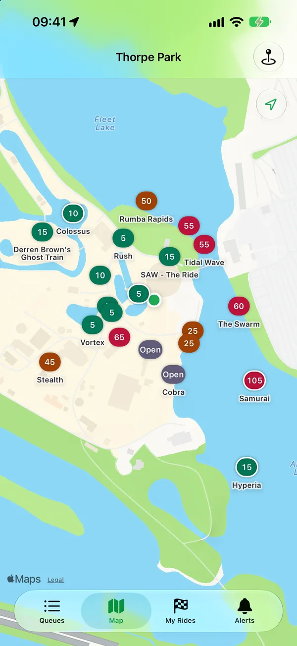 A park map with each ride's wait on a coloured marker