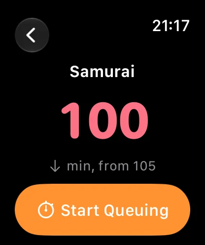 Apple Watch showing one ride's wait and a Start Queuing button